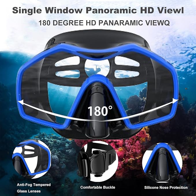 Snorkeling Gear for Adults,Mask Fins Snorkel Set,Panoramic View Diving Mask Anti-Fog,Dry Snorkel,Adjustable Swim Flippers and Travel Bag,Adults Snorkel Gear for Swimming Snorkeling Diving
