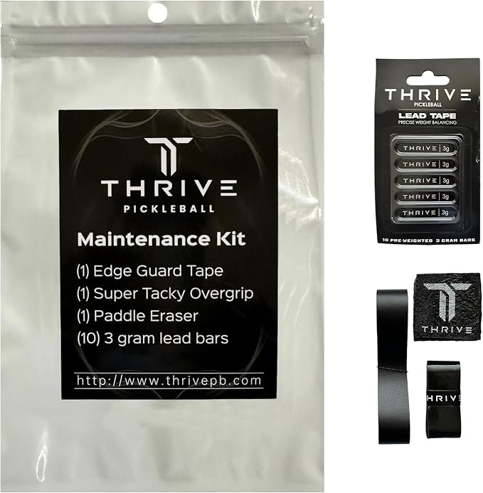 Thrive Pickleball Paddle Maintenance Kit - Includes Paddle Eraser - (10) 3g Lead Weight Bars - (1) Super Tacky Overgrip - (1) Edge Guard Tape (fits up to 16mm, No Logo)