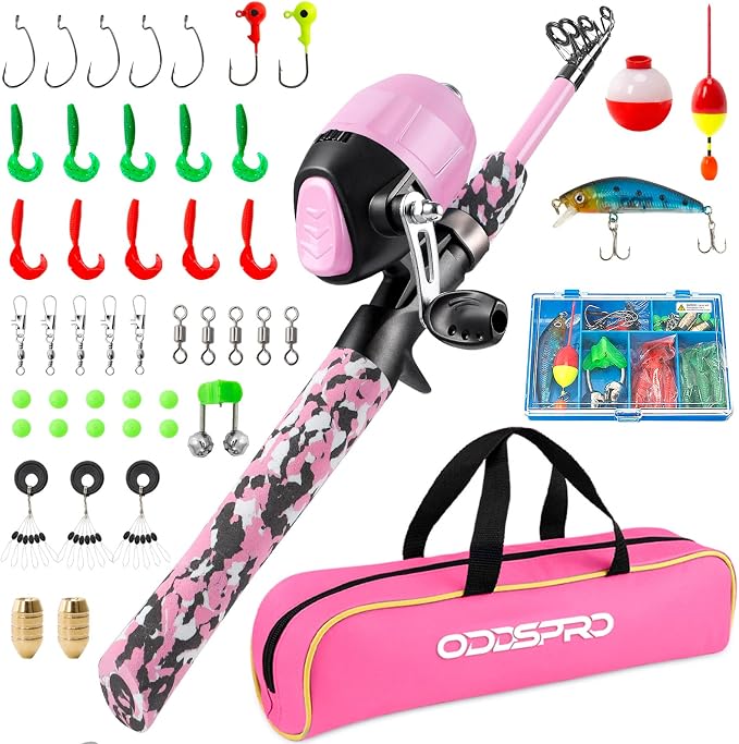 ODDSPRO Kids Fishing Pole - Portable Telescopic Kids Fishing Rod and Reel Combo Kit - with Spincast Fishing Reel Tackle Box for Girls, Youth