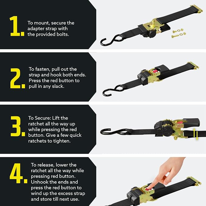 DC Cargo Mall Bolt-on E Track Auto Retractable Ratchets Straps Heavy Duty (2 Pack) 2 Inch x 6 Ft - Retractable Ratchet Tie Down Straps for Boats, Jet Skis, Motorcycles, ATVs - 4,000 lbs Break Strength
