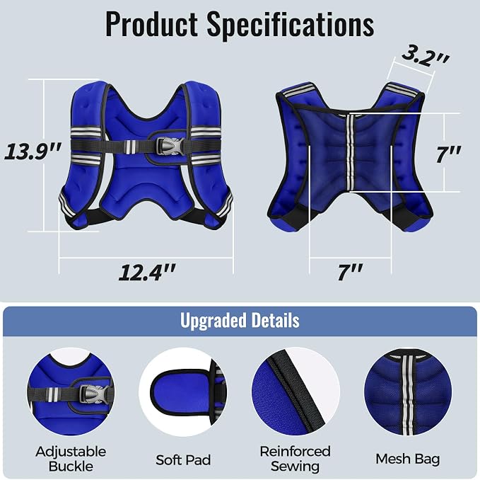Zeerun Weighted Vest, 6lb/8lb/10lb/12lb/15lb/18lb/20lb/24lb/30lb for Men Women, Reflective Stripe Adjustable Buckle, Comfortable Durable Rucking Vest for Walking Running Strength Training