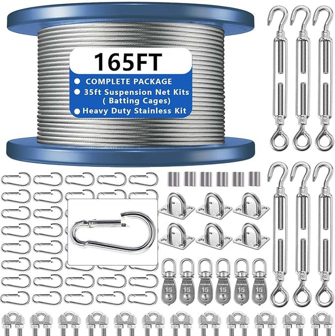 Heavy Duty Batting Cage Netting Wire Tension Kit Inflatable Batting Cage Cable Kit Net Hanging Kits Batting Cage Frame Kit for Home Backyard Outdoor Baseball and Softball Batting Cage