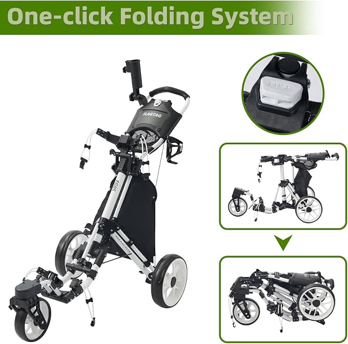 FLAGTAG Golf Push Cart 3 Wheel with 360 Swivel Front Wheel,Lightweight and Foldable Walking Golf Cart，One-Click Foldable,with Foot Brake