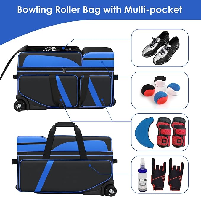 3 Ball Bowling Roller Bag with Smooth Wheels & Shoe Compartment, Heavy Duty 3 Ball Bowling Bag with Retractable Handle, Large Capacity Bowling Bag with Multi-pockets for Tournament, Travel, League