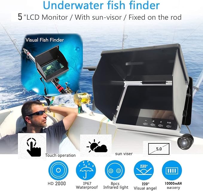 5" Underwater Fishing Camera,Portable LCD Monitor HD Fish Finder, IP67 Waterproof Camera 800 * 480 with Sun Visor,2000cd Brightness Depth Camera with 30m/98.4ft Cable Fit Ideal Gift