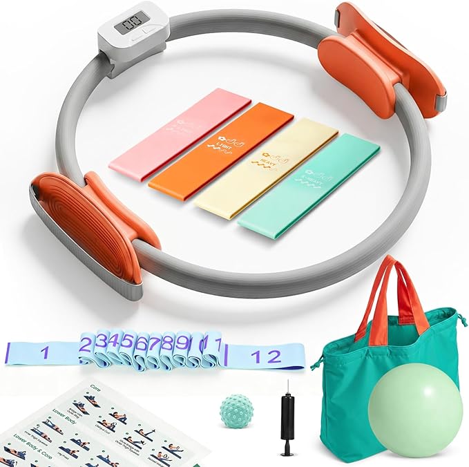 Magic Circle Pilates Equipment Kit with Smart Counter - 14" Pilates Ring and Ball Set with Yoga Ball, Resistance Bands, Stretching Strap, Massage Ball & Bag for Home Full Body Workouts