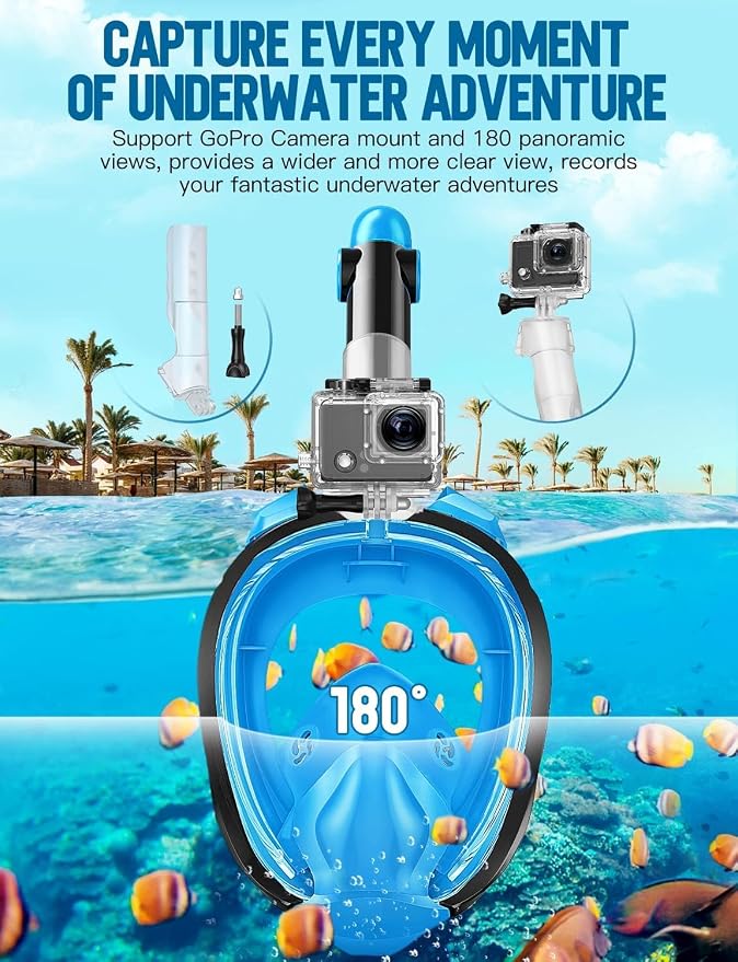Full Face Snorkel Mask for Adults, 180° Panoramic Anti-Fog Snorkeling Gear with Dry Top System & Camera Mount, Foldable Anti-Leak Design for Travel, Swimming & Ocean Snorkeling