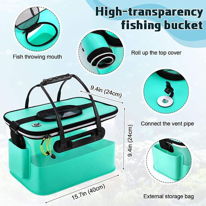 3 Pcs Fishing Bucket, Live Bait Aerator and Fishing Cast Net with Heavy Duty Sinker Foldable Live Bait Bucket Portable Quiet Aerator Fish Transport Container Outdoor EVA Bag