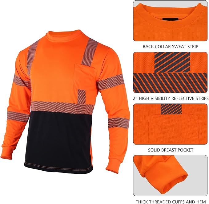 VENDACE 3 Pcs Safety T Shirts Reflective High Visibility Hi Vis Long Sleeve Construction Work Shirts for Men (Orange,3XL)
