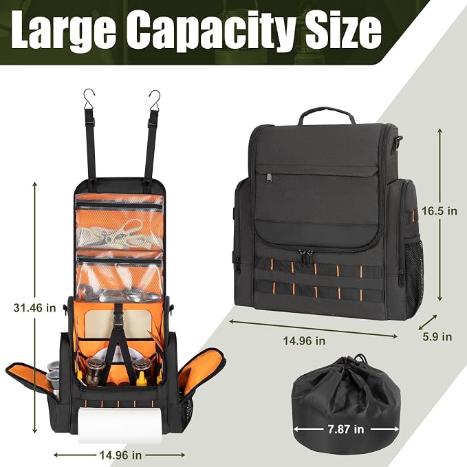 Large Camp Kitchen Organizer with Paper Towel Holder,Hanging Camping Storage Organizers with Metal Hook, Camping Utensil Bag for BBQ Cooking Essentials, With a Canvas Bag for Picnic Pot, Black