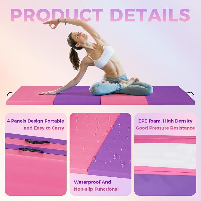Folding Gymnastics Mat & Exercise Mats&Gymnastics Tumbling Mats-Thick Portable Home Gym Floor Pad for for Pilates, Aerobics, and Martial Arts Fitness Training，Four Pads Folding design