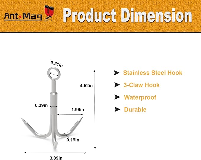 Ant Mag Grappling Hook with Claw Tips - Heavy Duty Stainless Steel Carabiner for Camping, Hiking, Tree Climbing, Water Retrieval & Salvage Operations