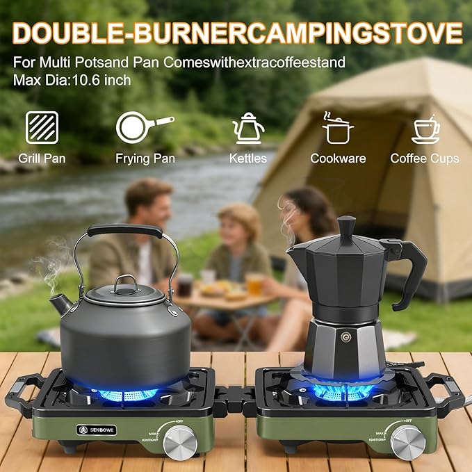 2-Burner Pro Camping Stove,24000 BTU Camp Stove,Foldable Propane Stove Includes Carry Bag,Windscreen Griddle, Portable Stove,Camping Essentials,Suitable For Outdoor Cooking,Tailgating,Grilling (Green)