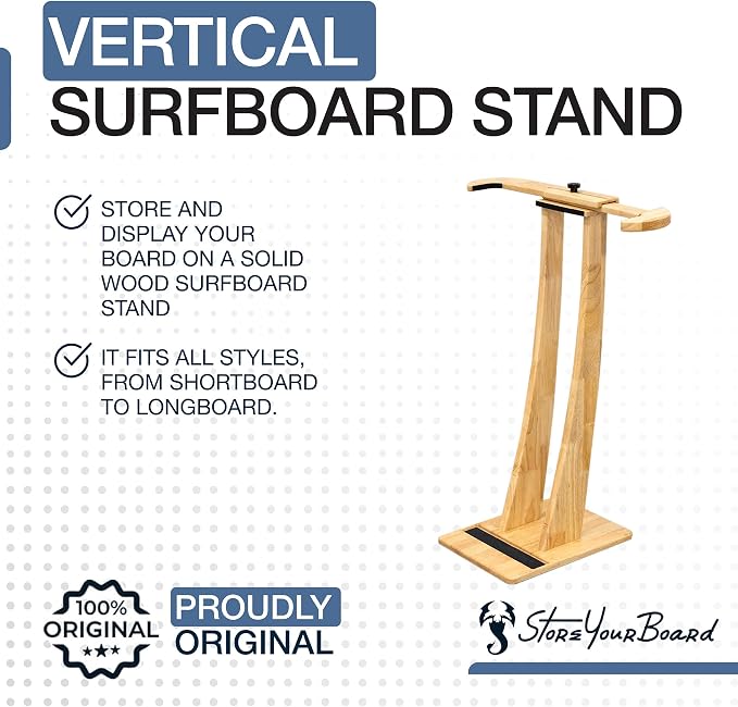 StoreYourBoard SurfStand, Vertical Surfboard Stand, Freestanding Wooden Indoor Display for Shortboard and Longboard, Adjustable to Fit Boards 16" to 26" Wide
