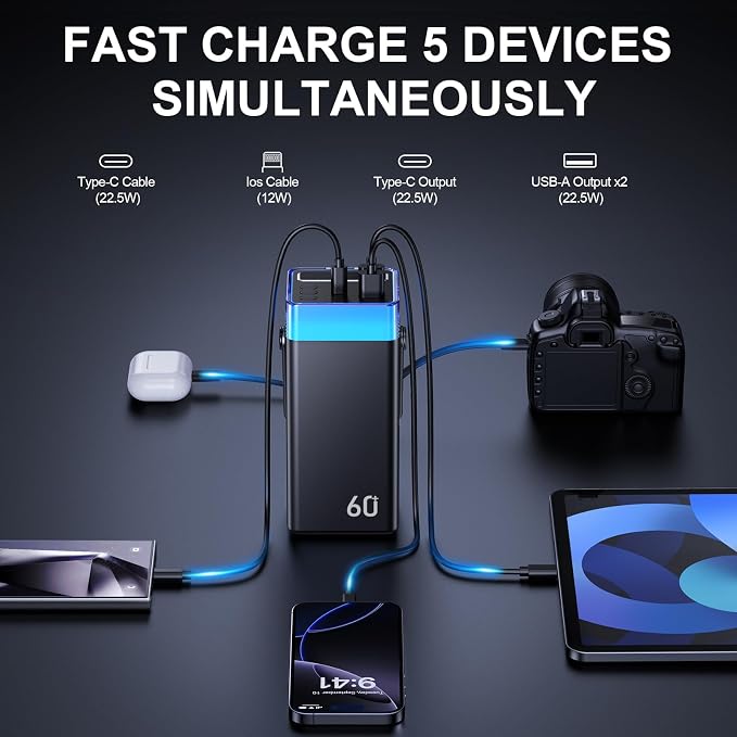 Portable Charger Power Bank 60000mAh, 22.5W USB-C Fast Charging Battery Pack with Built-in USB-C/iOS/Micro USB Cables, 5 Output & 2 Input PowerBank Compatible with iPhone 17 16 Android Samsung