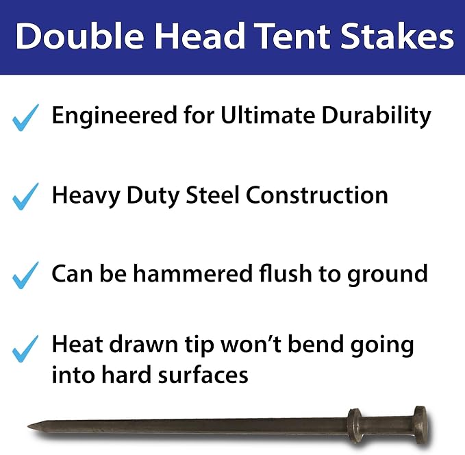 Double Head Tent Stakes - Heavy Duty Steel Tent Stakes, Versatile Ground Spikes to Anchor Commercial Inflatables, Party Tents, and Outdoor Camping Shelters, 3/4 x 24 Inch, 50-Pack