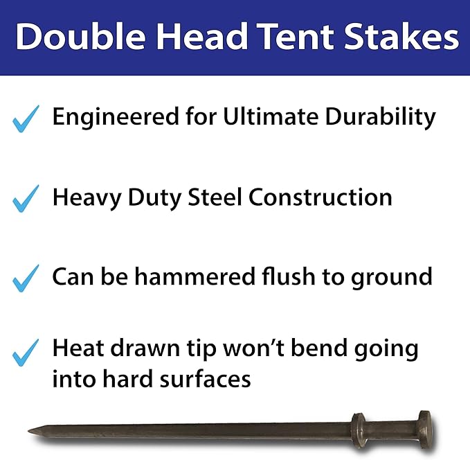 Double Head Tent Stakes - Heavy Duty Steel Tent Stakes, Versatile Ground Spikes to Anchor Commercial Inflatables, Party Tents, and Outdoor Camping Shelters, 1 x 42 inch, 50-Pack