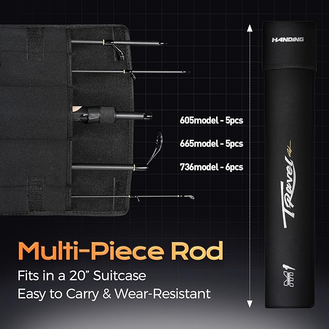 HANDING M1 Travel Fishing Rod 5/6-Piece Travel Spinning & Casting Rod | Travel Bass Fishing Rod Medium/Medium Heavy Power for Largemouth Smallmouth Spotted Bass Walleye Perch and Other Freshwater