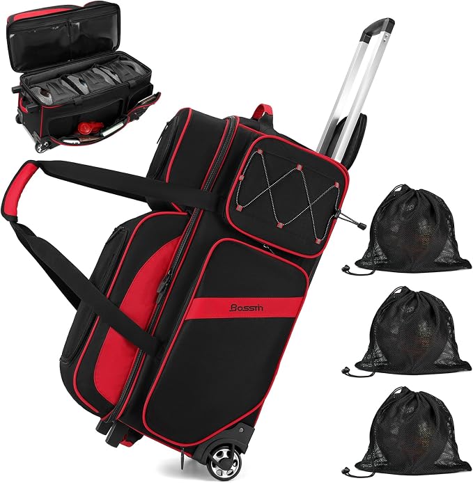 BOSSTIN 3 Ball Bowling Bags with Wheels, Secure Adhesive Fixed Ball Cup & Shoe Compartment, Bowling Ball Bag 3 Ball Roller with Multi-Pockets