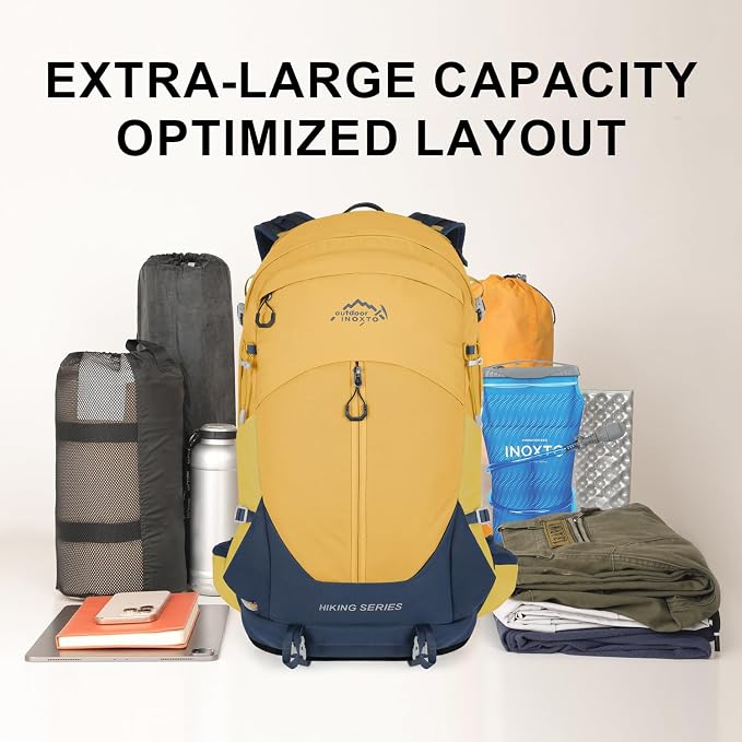 IX INOXTO Hiking Backpack, Camping Backpack, 30L Waterproof Hiking Daypack with 3L Water Bladder and Rain Cover (Yellow)
