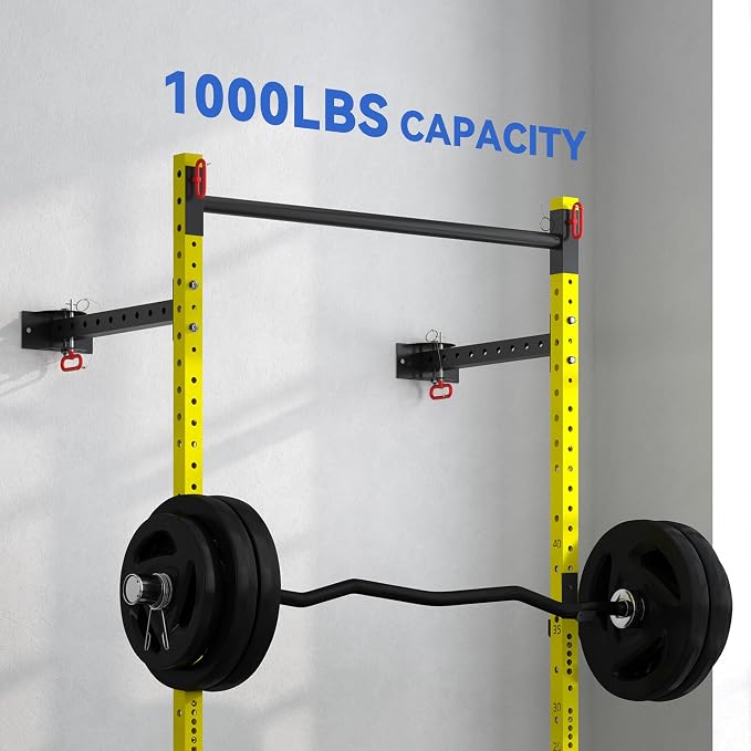 Soozier Folding Squat Rack with Adjustable Pull-Up Bar, 1000 Pounds Capacity Wall Mounted Power Rack, Adjustable Steel Barbell Rack with J Hooks for Home Gym Full Body Workout