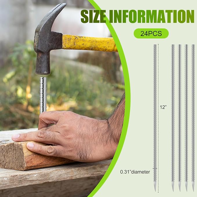 Gisafai 24 Pcs 12 Inch Ground Rebar Stakes Heavy Duty Ground Anchors Steel Plant Support Garden Stake Long Straight Metal Spikes with Chisel Point End for Concrete Timber Garden Plant Tent