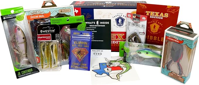 Catch Co Mystery Tackle Box Texas Bass Elite Fishing Kit (7-9 Items) | 7-9 Freshwater Baits for Largemouth, Smallmouth & More – Includes Exclusive Texas Decal, Fishing Gift, Fishing Gifts for Men