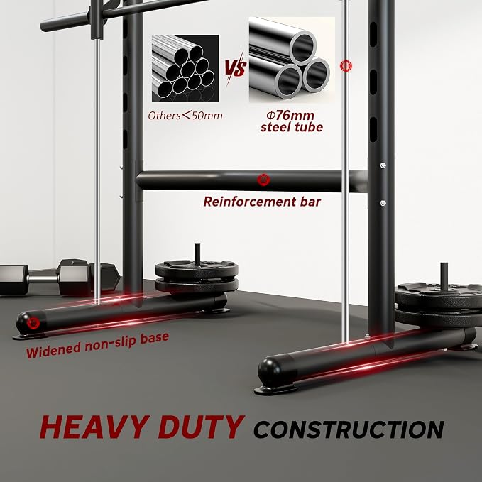 Soozier Squat Rack with Pull-Up Bar, Adjustable Power Rack with Barbell Bar, Multi-Functional Steel Bench Press Rack for Home Gym Strength Training, Black