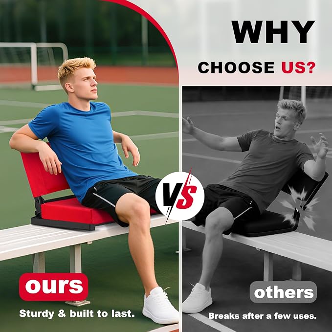 Fragess Bleacher seat, Stadium Seats with Back Support and Thick Cushion, Bleacher Chairs with Shoulder Strap and Side Pocket, Stadium Seat for Bleachers, Perfect for Sports Events(RED)