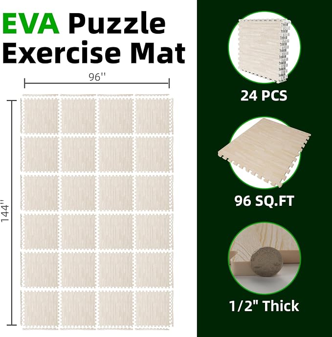 Art3d 24 Pack 24" x 24" EVA Interlocking Exercise Mats, 1/2" Thick Foam Puzzle Flooring for Workout, Gym Equipments, Training Areas, 96 Sq.FT, White Oak