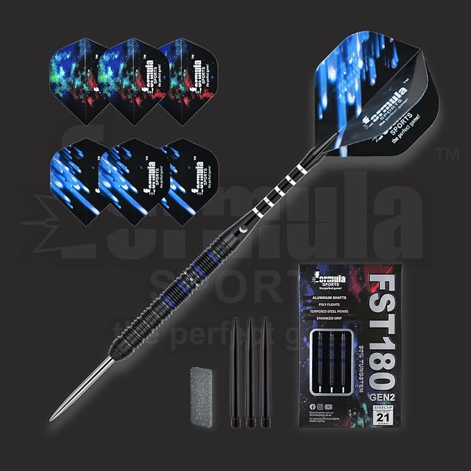 Formula Sports 90% Tungsten Steel Tip Darts Set - Professional Steel Tip Darts Set with Flights, Shafts and Sharpener, Available in 21g/22g/23g/24g