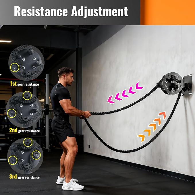 INNOLIFE Wall Mount Pulley Rope Trainer, 3-Level Adjustable Resistance for Home Gym, Full Upper Body Strength Training Equipment for Arms Back Chest
