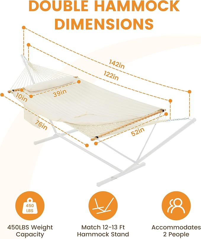 Lazy Daze Hammocks Rope Hammock with Pad, Spreader Bar, Carabiners, Tree Straps, Chains for Outside Patio- Max 450 Lbs, Cream