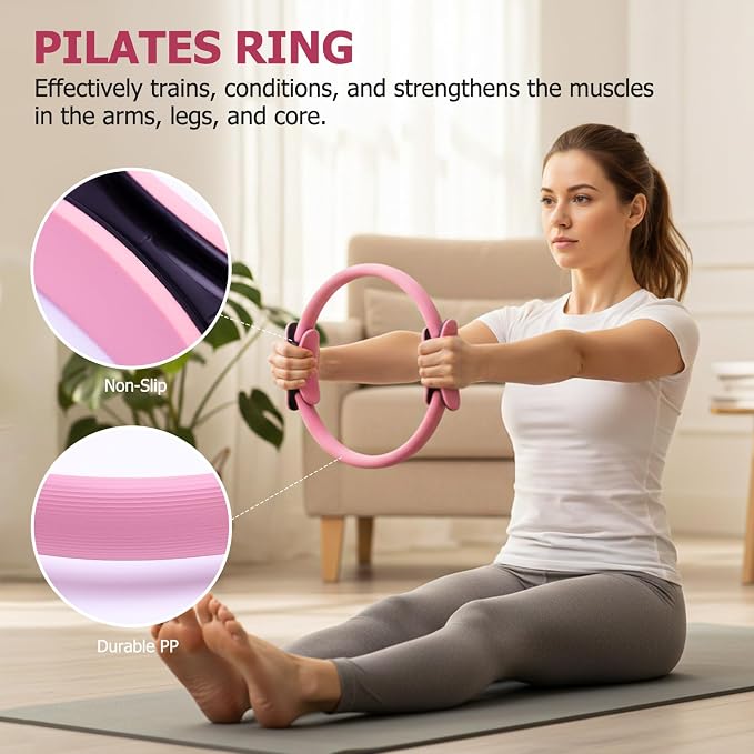 All-in-One Home Workout Kit for Women–Pilates Kit with Ankle Weights, Magic Circle 12 inch, Resistance Bands, Mini Pilates Ball, Carry Bag – Beginner Pilates Gift Set for Mother's Day, Birthday
