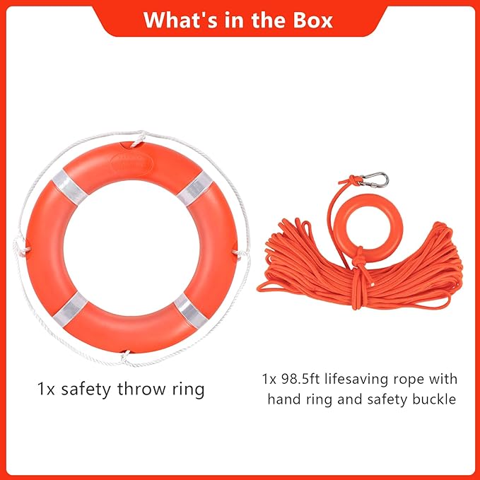 Life Preserver Ring 23"/28", Boat Safety Throw Rings with Bracket, Orange Buoy with Rope 98.5 FT and Reflective Tape for Boat