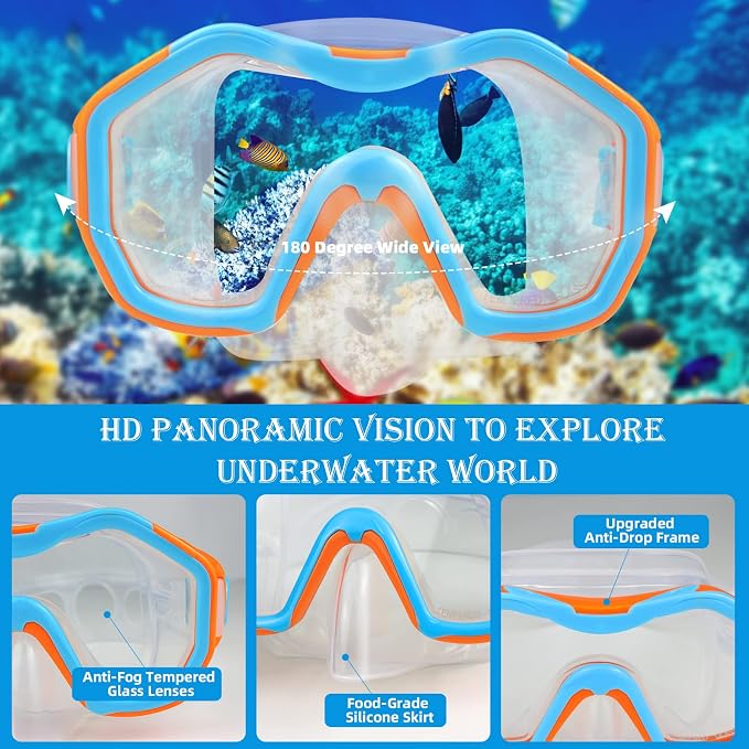Kids Snorkeling Set - Adjustable Flippers + Panoramic Snorkel Mask + Dry Snorkel Tube + Travel Bags - Suitable for Kids & Juniors, Age 5-14