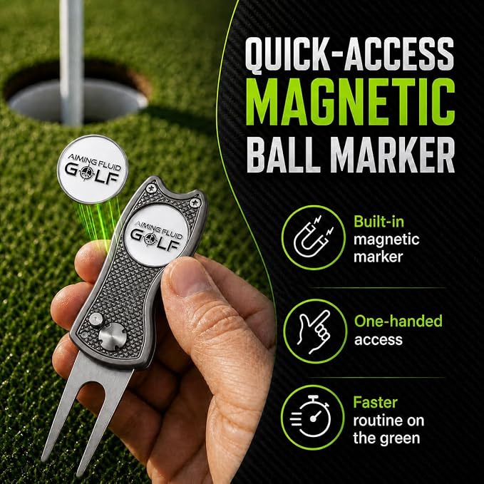 Golf Divot Repair Tool — 5-in-1 Golfing Ball Marker, Pitch Mark Repair, Putting Alignment, Club Tee, and Groove Cleaner, Accessory Metal Switchblade Design - Ideal Gift for Golfers