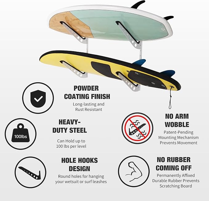 2 Board Surf Rack Wall Mount for Surfboard, Wakeboard, Snowboard Storage Adjustable Wall Hangers Boards Display