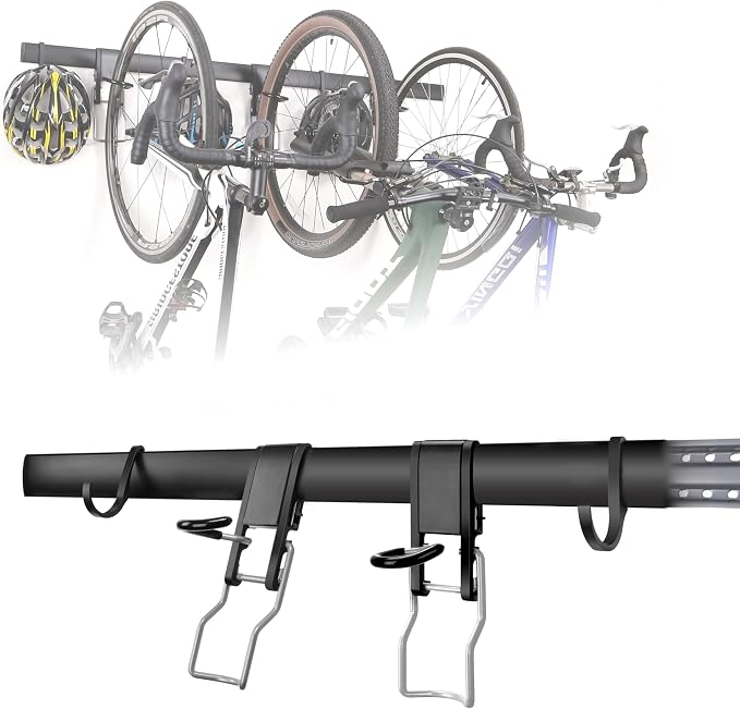 Wall 2/3/4 Bike rack, Fits Max 3 Inch for Mountain Bike eBike, 110 lbs Weight Capacity, with Helmet Hook, Modular Hook Track Design Heavy duty Wall mount Bicycle Hanger for Garage Storage