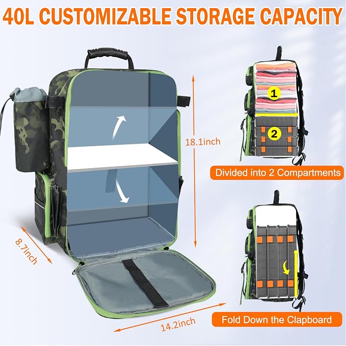 AYAMAYA Fishing Backpack, 40L Tackle Backpack with Rod Holders & 2 Tackle Trays, Large Water-resistant Fishing Bag Equipments