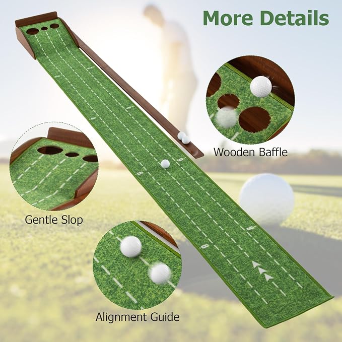 GYMAX Putting Mat, Golf Putting Green Indoor with 2/3 Hole, Golf Practice Mat with Auto Ball Return, Golf Training Aid Putter Alignment for Home Office, Golf Accessories Gift