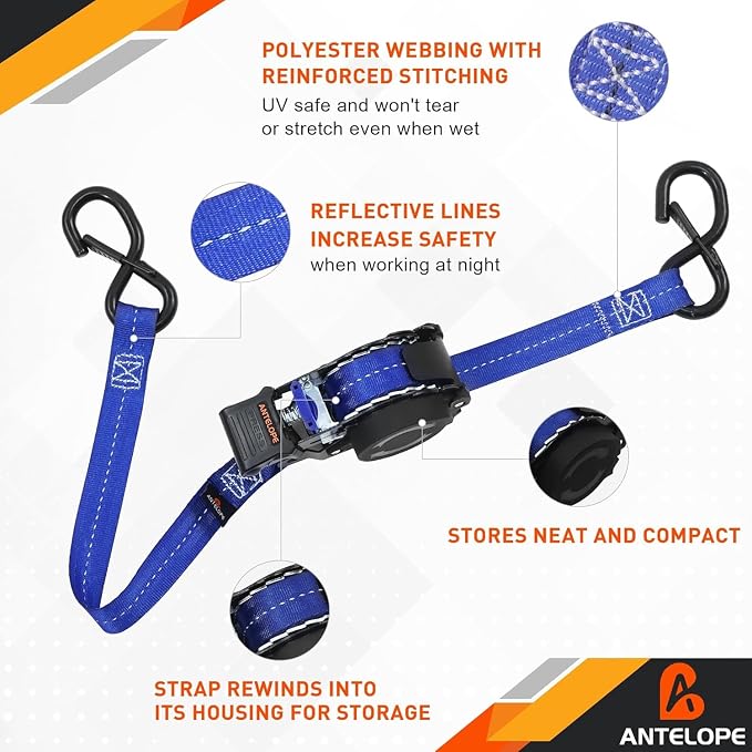Retractable Ratchet Straps (2PK) - 1 in x 12 ft Automaitc Ratchet Tie Down Straps with Soft Loops, 1500lb Break Strength Self Retracting Strap for Motorcycle, Truck, Cargo, Trailer, ATVs, UTVs -Blue