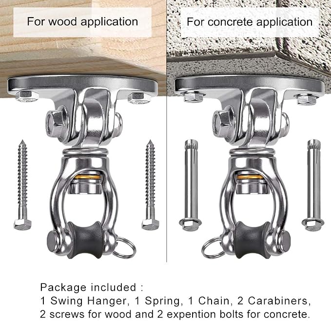 SELEWARE Hammock Chair Hanging Kit, Stainless Steel Bearing Swing Hanger with Heavy Duty Spring and Chain, Ceiling Mount for Hanging Indoor Outdoor Swing, Hammock Chair, Heavy Punching Bags