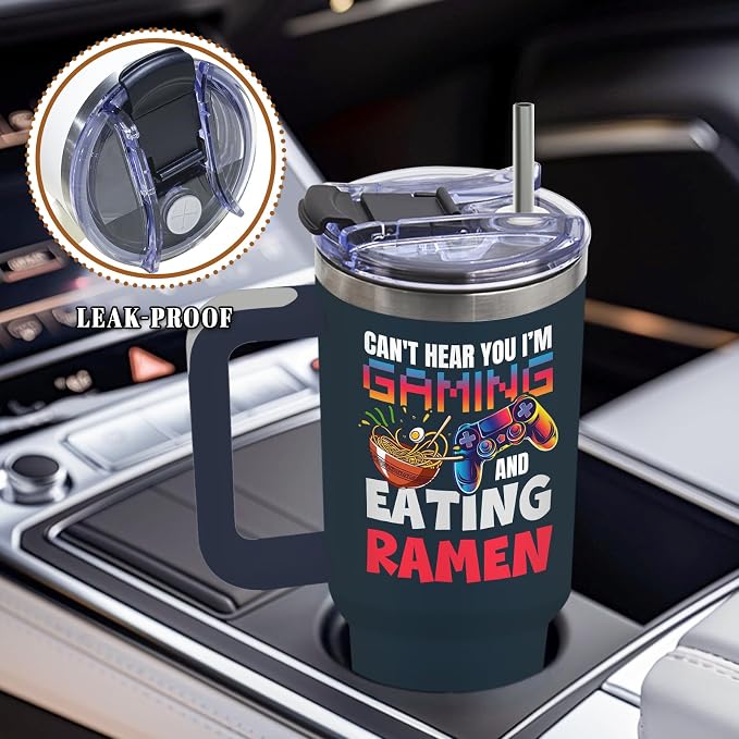 DUUV Gaming Tumbler 40oz, Insulated Gaming Gifts for Gamer | Dark Blue Gamer Tumbler Leakproof, Game Controller Gift for Man Boys, Can’t Hear You I’m Gaming and Eating Ramen, 1 Pack