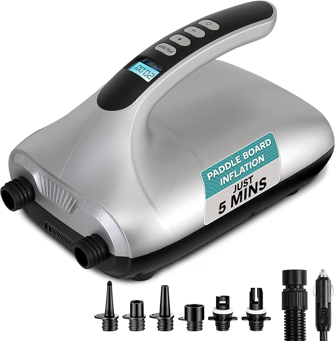 Paddle Board Pump Electric - Portable 20 PSI Dual-Stage Air Compressor for Super Fast Inflation and Deflation, Auto-Off, LCD Display and 12V Car Connector - for SUP, Boats & Inflatables