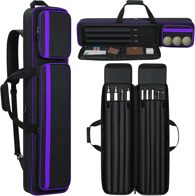 Pool Cue Case 4x5, Pool Cue Carrying Case Soft Padded Billiard Stick Bag with Multi-pocket for 4 Butts and 5 Shafts (1PCS Grey + 1PCS Purple)