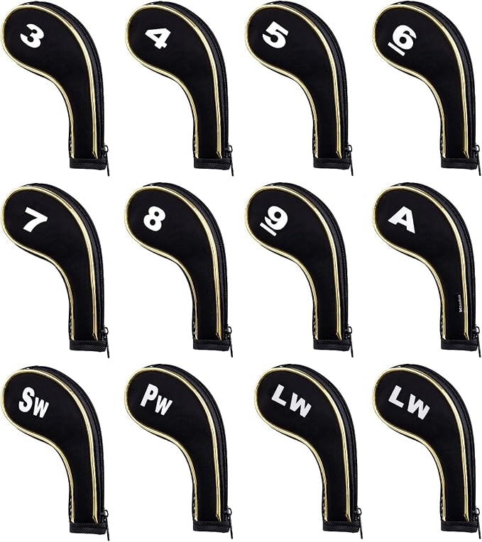 Andux Gold Golf Iron Club Head Covers No. on Both Sides Long Neck with Zipper 12pcs/Set