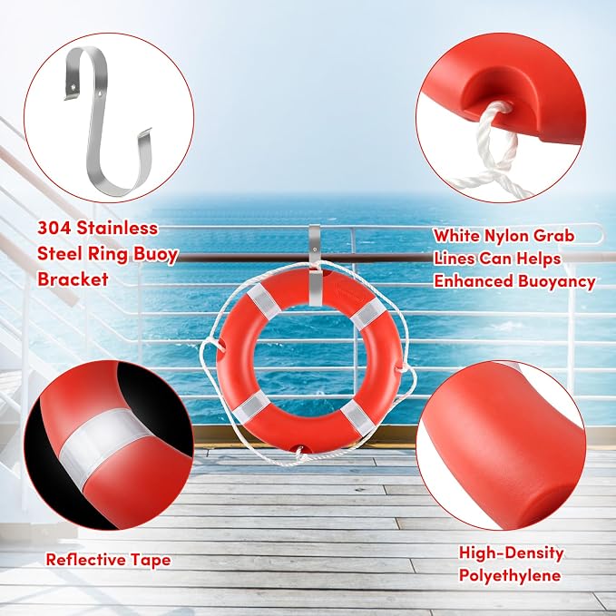 Life Ring for Boating Safety - 23" and 28" Boat Safety Throw Rings with Reflective Strip and Grab Lines