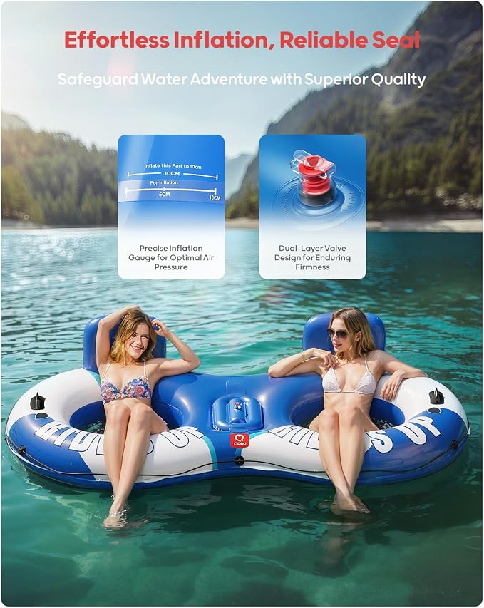 QPAU Inflatable Double River Tube, 2 Person 660lb Capacity, Puncture-Resistant 93" Sturdy Heavy Duty River Float, River Raft with Ergonomic Backrest, Cooler & Cup Holders for Family