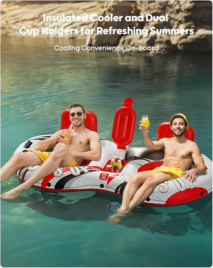 QPAU Inflatable Double River Tube, 2 Person 660lb Capacity, Puncture-Resistant 93" Sturdy Heavy Duty River Float, River Raft with Ergonomic Backrest, Cooler & Cup Holders for Family